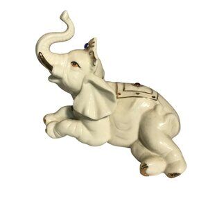 Elephant Figurine With Gemstone Accents Vintage Hand Painted Ceramic 5.5 x 4.25"